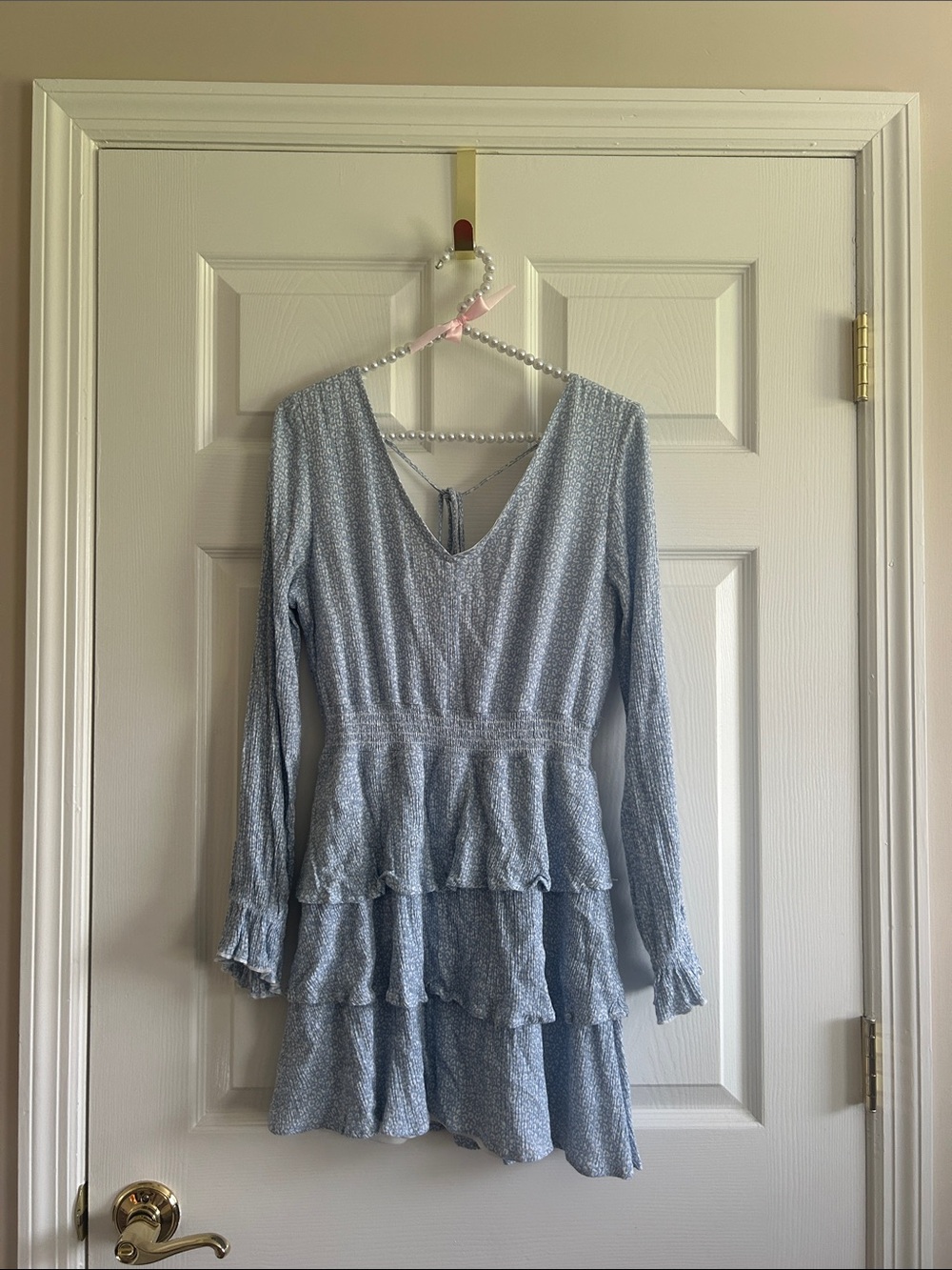 Altar'd State Light Blue Tiered Ruffle Long-Sleeve Dress